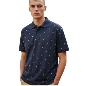 H&M Dark Blue Men’s Polo,  100% cotton, Palm Tree Print, size L, NWOTS